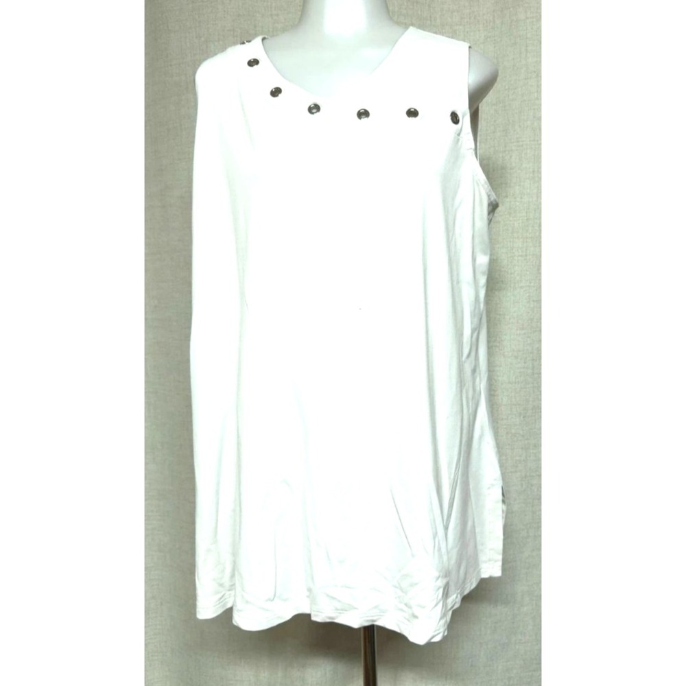 Sympli 18 White Sleeveless Tunic Blouse Grommet Detail Jersey Tank blouse shirt